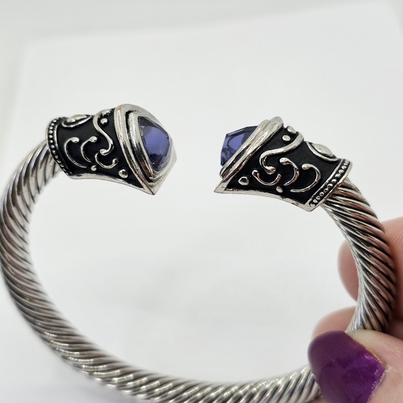 Jewelry - Ornate Designer Inspired Cable Cuff Stainless Steel Blue Crystal Accents